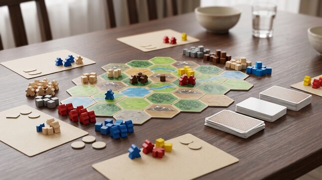 Detailed setup of strategy board game on wooden table with hex tiles cards and wooden meeple pieces, depicting tabletop gaming entertainment and hobby leisure