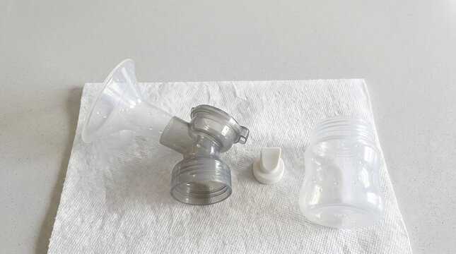 Separated breast pump components arranged on a clean paper towel for air-drying, with a flange, valve and collection parts shown in a simple hygiene setup.