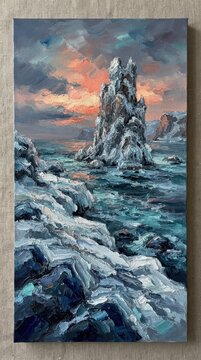 Icy rock formation in a dramatic winter landscape under a vibrant sunset sky