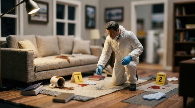 Crime Scene Investigator examining evidence on floor blood stains police markers forensic detective in hazmat suit domestic setting
