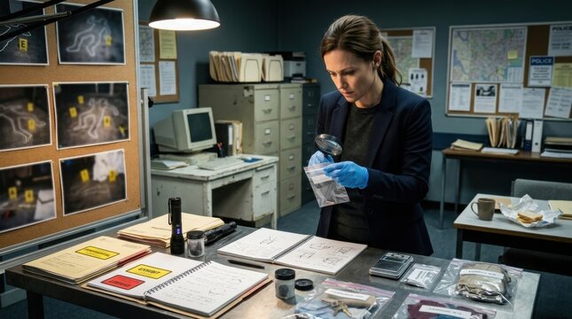 Crime Scene Investigator Examining Evidence with Magnifying Glass in Detective Office