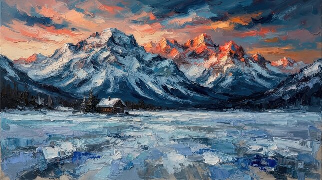 Winter mountain landscape at sunset with a cabin by a frozen lake