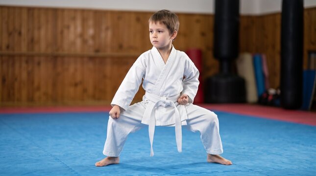 Young boy in white karate gi practicing low stance martial arts pose on dojo mat, depicting discipline, karate training, and kids self-defense practice