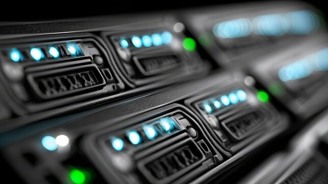 Rows of sleek, dark server racks glow with vibrant blue and green LED lights, a modern technology concept