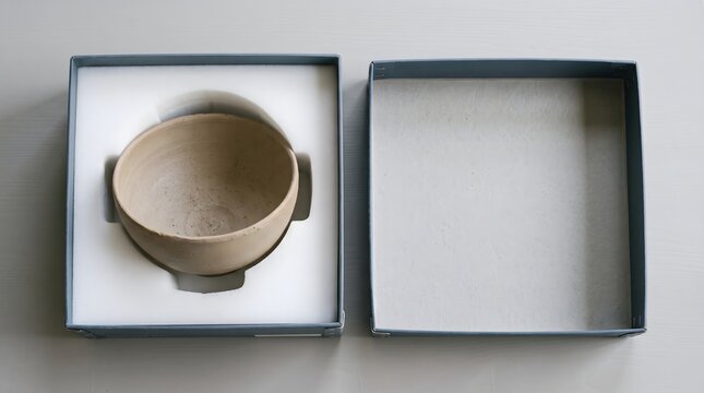 Plain ceramic bowl resting in a padded support inside an open archival box, showing careful collection storage and protective handling for museums and conservation work.