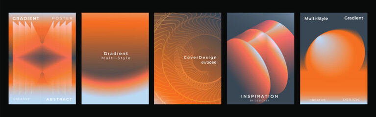 Naklejka na ściany i meble Abstract Orange Gradient Vector Poster Collection with Glowing Geometric Forms, Fluid Waves, Fine Topographic Lines, Soft Three Dimensional Spheres and Warm Contemporary Cover Layouts