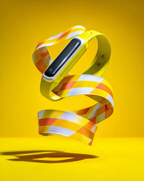 A yellow smartwatch with a colorful strap, floating against a vibrant yellow background