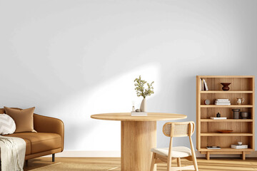 Japandi Dining Room Wall Mockup PNG with Round Wooden Table, Cane Chair and Oak Bookcase, Transparent Background, Soft Shadows © Tuyet