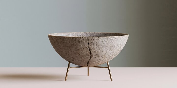 Cracked stone bowl on metal stand