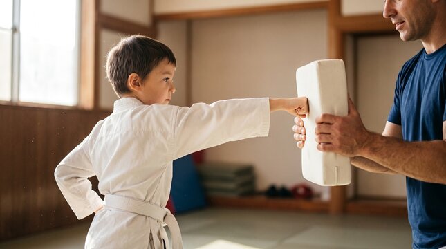 Young boy in white karate gi executing straight punch against target pad held by instructor, depicting martial arts focus, striking technique, and dojo training