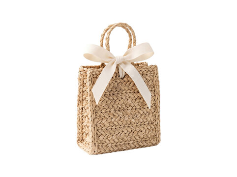 Woven Straw Tote Bag with Cream Ribbon