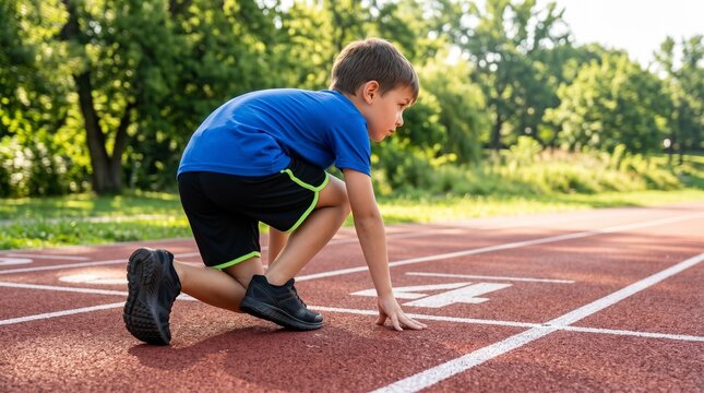 Young boy crouching in sprinter starting position on red athletic track lane number 4, highlighting youth track sprint training, race preparation, and athletic focus