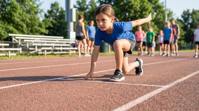 Young girl runner crouching in starting position on athletic track lane, depicting youth track and field competition, sports focus, and race readiness