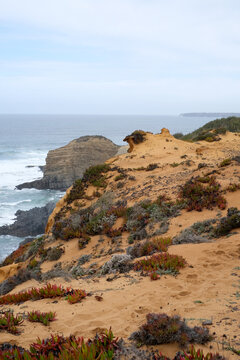 Misty Cliffs and Dunes over Atlantic Ocean in Portugal