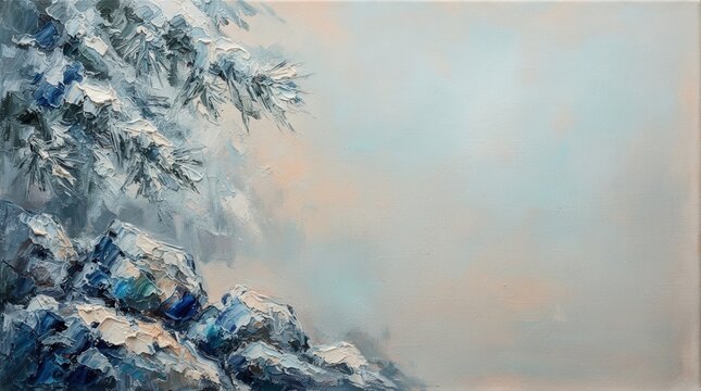 Textured oil painting of a frosty winter landscape with snow-laden pine branches and rocks