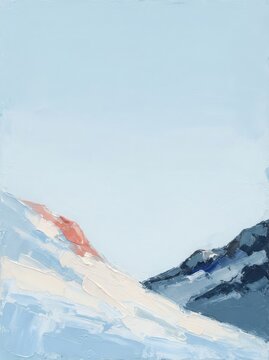 Textured impasto oil painting of a winter mountain landscape in cool blue and white