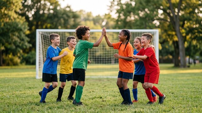 Diverse group of young soccer players giving high fives celebrating goal on grass field, depicting team spirit, sportsmanship, and youth soccer victory