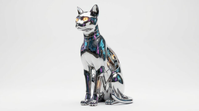 Polished chrome robotic cat figurine on white background.