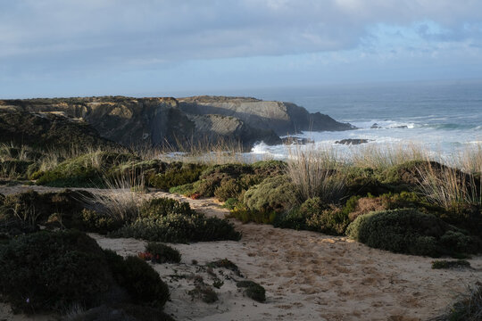 Atlantic Ocean Waves Crashing on Rocky Cliffs of Rota Vicentina Fisherman's Trail, Portugal