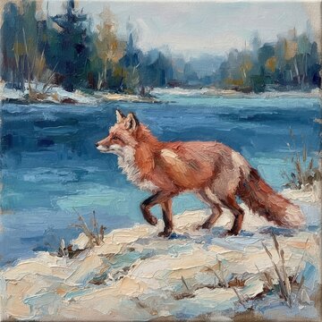 Red fox walking on a snow-covered riverbank in a serene winter landscape