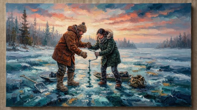 Two people ice fishing on a frozen lake at sunset, depicting a serene winter landscape