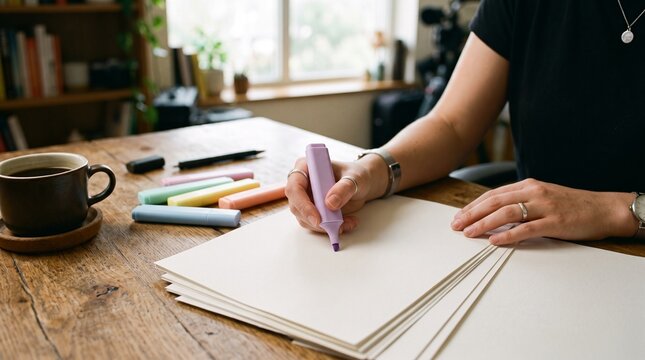 Film director highlighting script pages with pastel marker at wooden table showcasing preproduction planning and screenplay breakdown