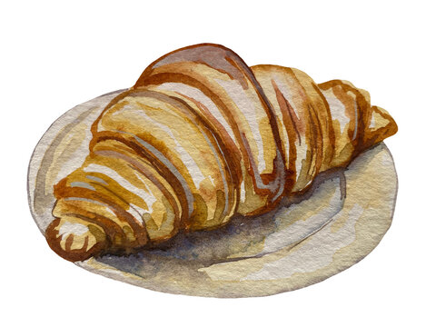 Hand-painted watercolor illustration of a freshly baked French croissant served on a plate, isolated on transparent background
