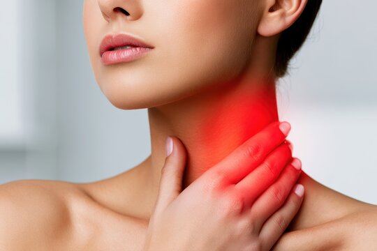 Woman touches neck to thyroid gland disease symptoms. Glowing red sign on throat. Endocrine inflammation hypothyroidism goiter node or larynx pain. Lymph node screening, hormones. Awareness campaign