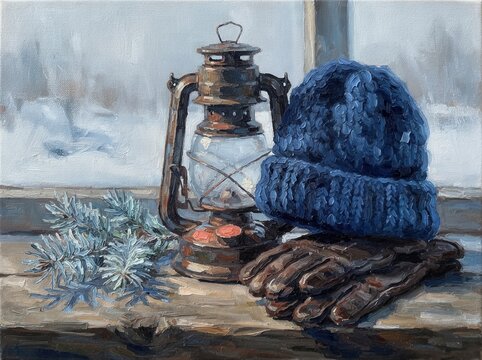 Rustic still life with vintage lantern, blue knitted cap, and leather gloves on a window