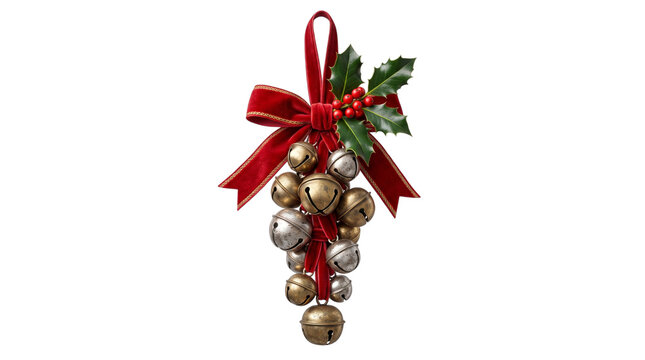 Christmas jingle bells decoration with red bow and holly