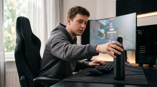Young gamer reaching for reusable black water bottle on desk while pausing video game highlighting healthy hydration habits during long gaming session