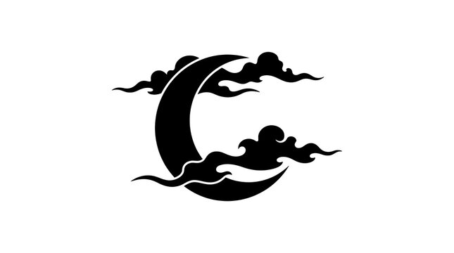 Stylized crescent moon accompanied by soft cloud silhouettes, creating a simple celestial illustration with a mysterious nighttime atmosphere.