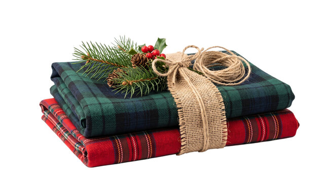 Folded tartan plaid blankets tied with ribbon for Christmas