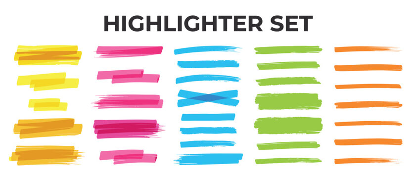 Rough highlighter brush strokes. Marker underline bundle in yellow, pink, blue, green, orange. Felt tip streaks, crossed strikethrough marks, text highlight swipes and paint bars. Vector