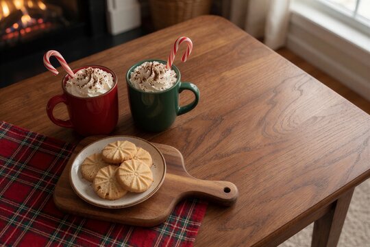 Cozy Christmas scene featuring hot chocolate in red and green mugs with candy canes, alongside shortbread cookies on a wooden table.