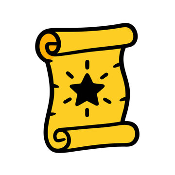 Cute cartoon yellow parchment scroll with smiling kawaii black star, magical paper spell certificate sticker icon vector 