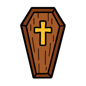 Wooden coffin with golden cross, cartoon Halloween vampire casket sticker icon vector