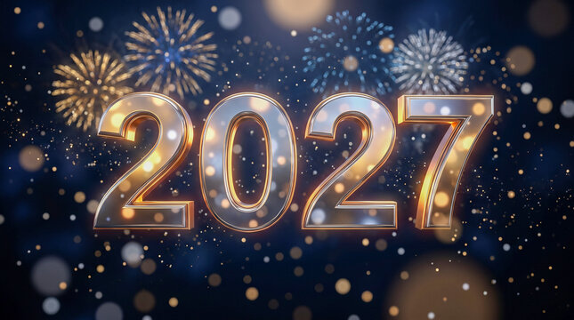 Elegante celebraci&oacute;n de A&ntilde;o Nuevo 2027 con n&uacute;meros met&aacute;licos brillantes, destellos dorados y plateados y sutiles fuegos artificiales sobre un fondo oscuro sofisticado.