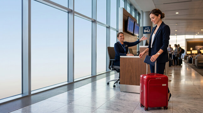 Businesswoman with Suitcase Boarding Flight at Airport Gate