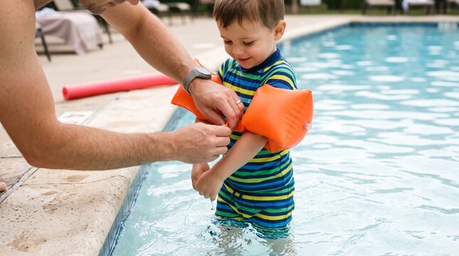 Father securing orange inflatable armbands on his young son at edge of swimming pool showcasing water safety preparation and parental care during summer pool day