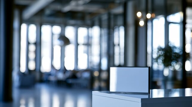 Modern office space featuring a laptop displaying a blank screen, bathed in bright sunlight, conveying professional energy