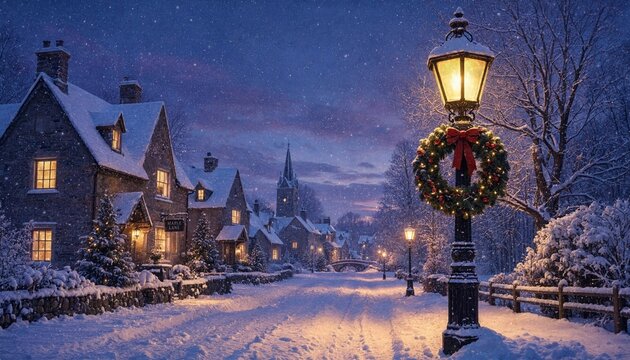 Enchanting winter village street with glowing Christmas street lamps and snow-covered stone cottages at twilight