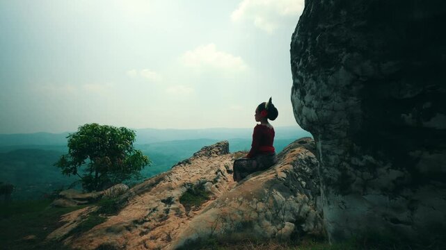 Cinematic wide shot of a woman sitting alone on a high limestone cliff, gazing out at the vast green horizon and hills under a cloudy blue sky.