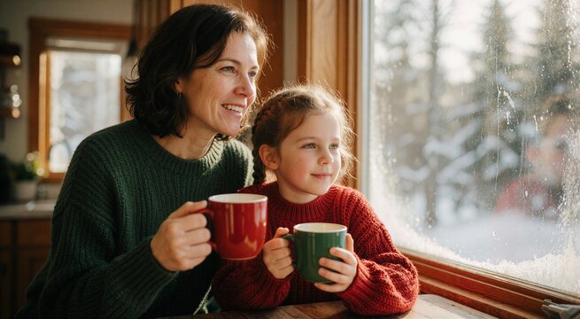 Mother and daughter enjoying hot chocolate by a frosted window, symbolizing cozy winter moments after baking.