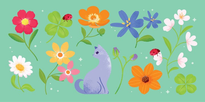 Cute Purple Cat Among Colorful Spring Flowers Vector Illustration with Red Poppies, Blue Daisies, Yellow Blooms, Ladybugs and Mint Green Background