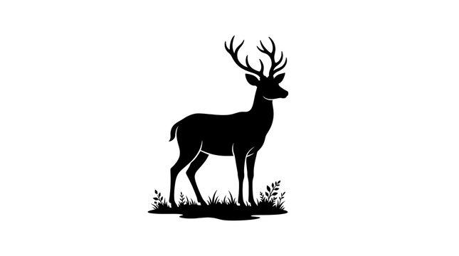 Elegant standing deer silhouette with prominent antlers, presented as a classic wildlife illustration on a clean white background.