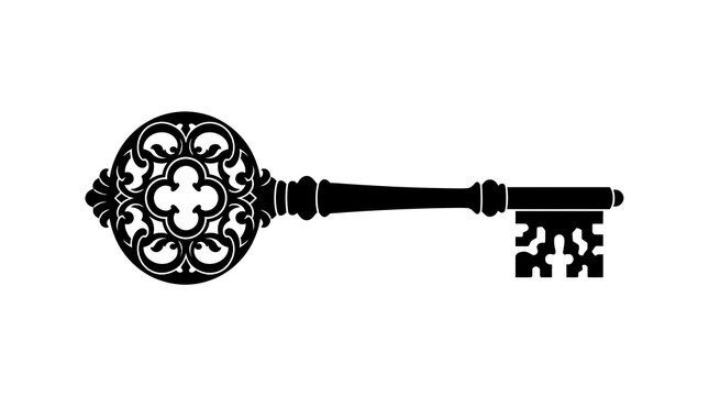Ornate Victorian-style skeleton key silhouette featuring an elaborate decorative bow and classic antique appearance.