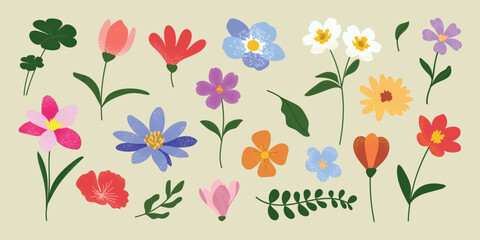 Fototapeta premium Colorful Spring Floral Elements Vector Collection Featuring Hand Drawn Wildflowers, Pastel Botanical Illustrations, Green Leaves and Decorative Blossoms on Soft Cream Background
