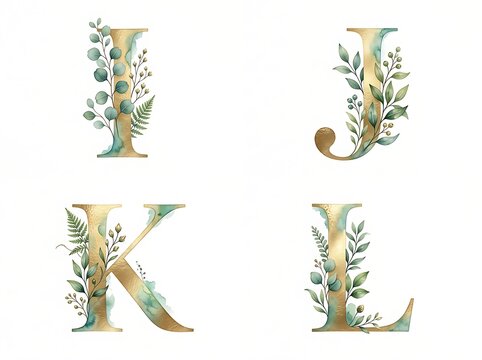 Metallic gold letters i, j, k, and l decorated with watercolor green eucalyptus leaves, fern fronds, and botanical sprigs on white background