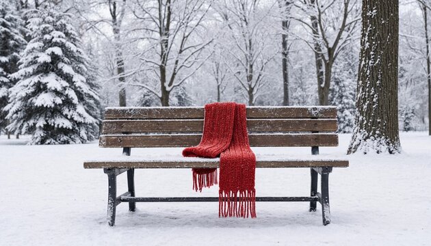 A solitary red scarf draped over a wooden park bench in a serene snow covered winter forest landscape